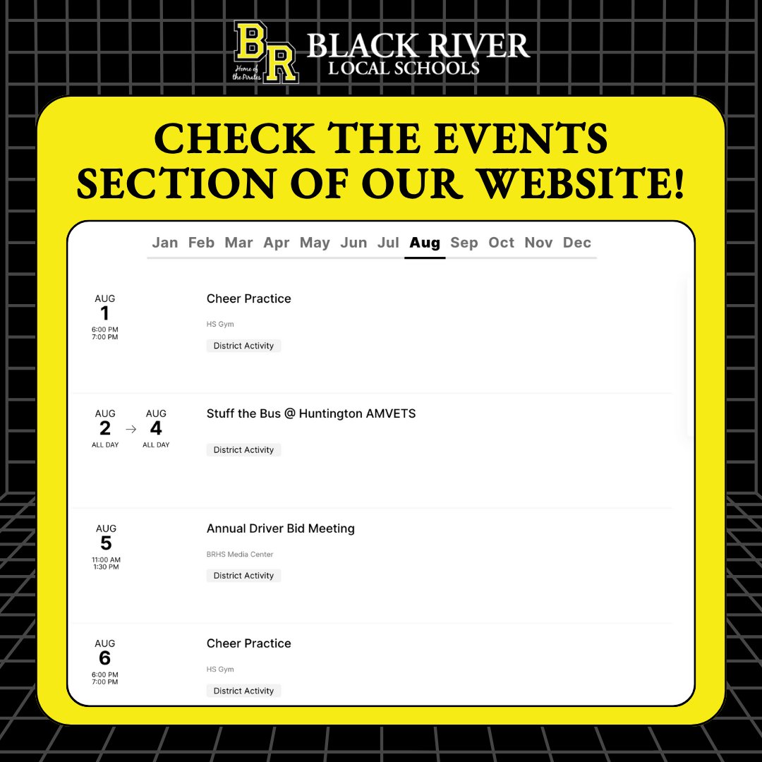 Remember to check the events section of our website to stay up to date on important events, club meetings, and school holidays.

blackriverschools.org/events?start_d…