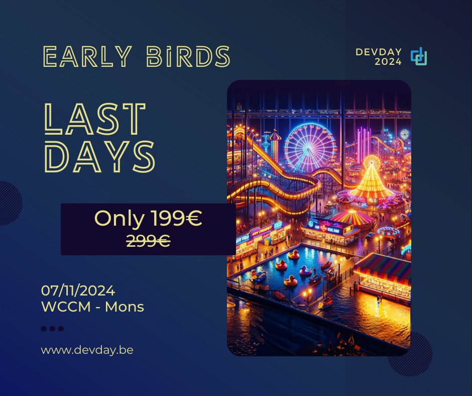 🚨 Dernière chance pour les Early Birds ! 🚨
Il vous reste jusqu'au 31 août à minuit pour obtenir votre ticket #DevDay2024 à 199€ au lieu de 299€ ! ⏳ Après, il sera trop tard. Ne ratez pas cette offre pour l'événement tech de l'année !
👉 Réservez ici : devday.be/ticket