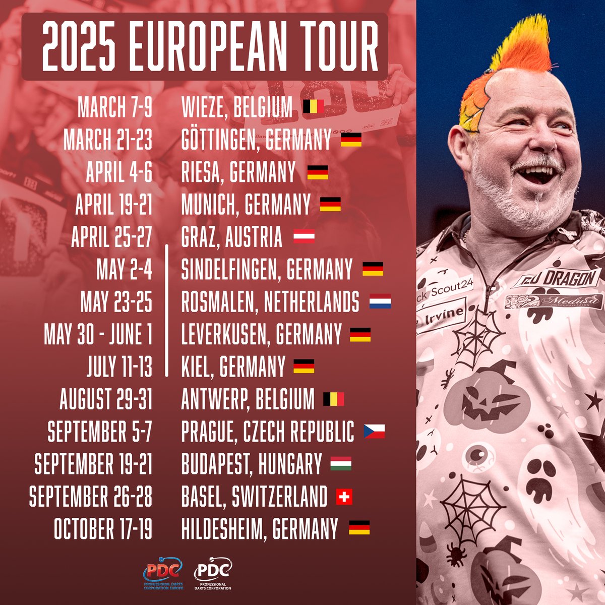 OfficialPDC's tweet photo. The 2025 European Tour... 🇪🇺

Dates and locations for the 14 European Tour events next year 👇 https://t.co/R21xK0zw4I