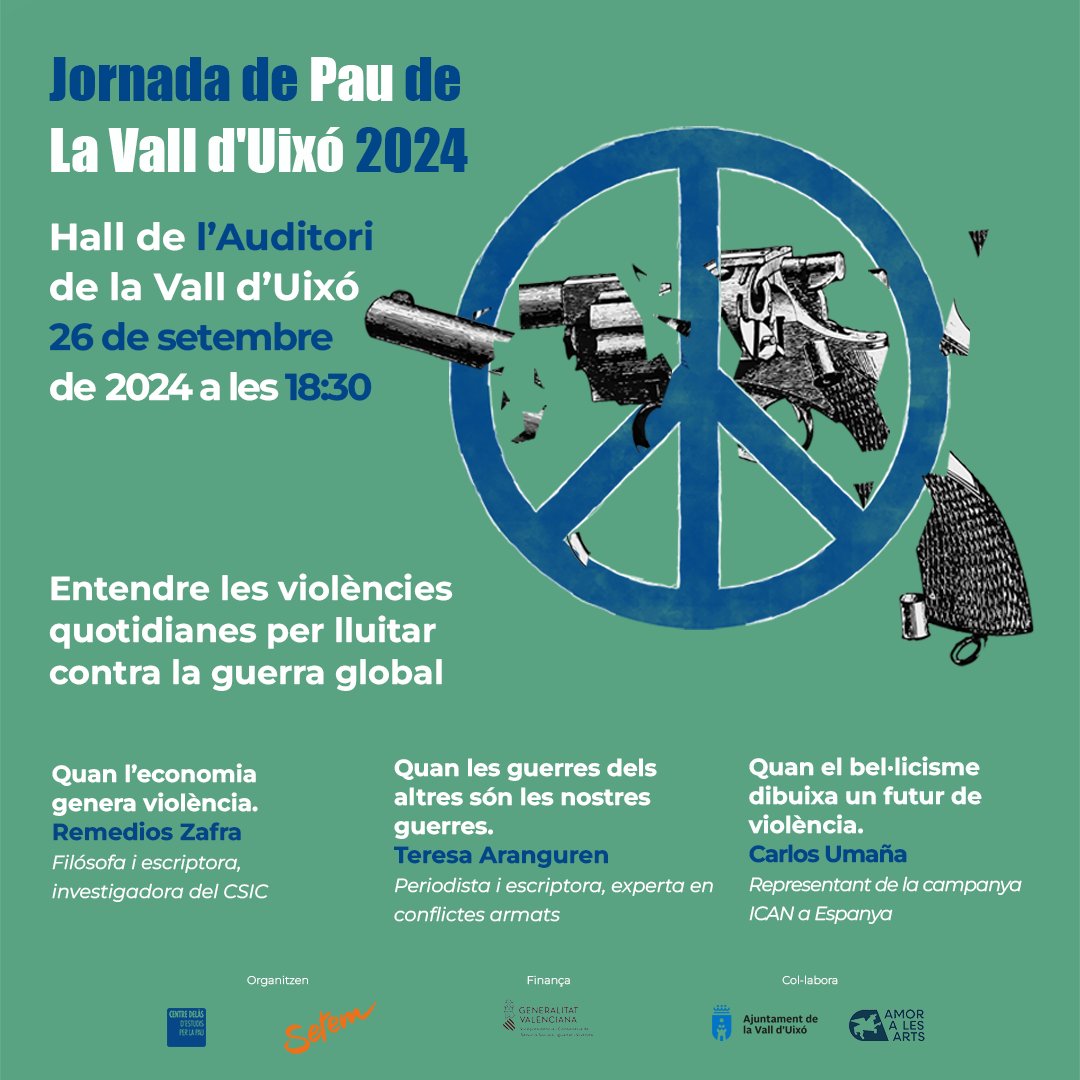 Enguany la Jornada de Pau de #LaValldUixo ens convida a entendre les violències quotidianes per lluitar contra la guerra, amb unes convidades de luxe:
▪️La filòsofa <a href="/RemediosZafra/">Remedios Zafra</a>
▪️La periodista <a href="/TereAranguren/">Teresa Aranguren</a>
▪️L'activista <a href="/Car_Uma/">Carlos Umana</a>
Traieu agendes!
Més a👉centredelas.org/agenda/jornada…