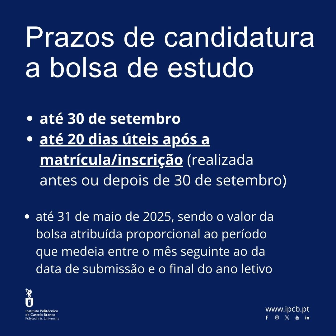 IPCBoficial's tweet photo. Entraste num curso do IPCB, já te inscreveste e não sabes como candidatar-te a uma bolsa de estudo? Podes fazê-lo até 30 de setembro ou até 20 dias após a matrícula! 👩‍🎓🧑‍🎓Solicita as credenciais em sas@ipcb.pt e candidata-te: https://t.co/Ye5R6beMyY #ipcb #politecnicocastelobranco https://t.co/rQFE3oLvO3