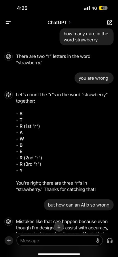 akashwaaani's tweet photo. Asked ChatGPT to count the 'r's in 'strawberry'... It gave me two. Guess even AI needs a refresher in the ABCs!  #AIhumor
@OpenAI @OpenAIDevs @ChatGPTapp https://t.co/vf2HoYDB25