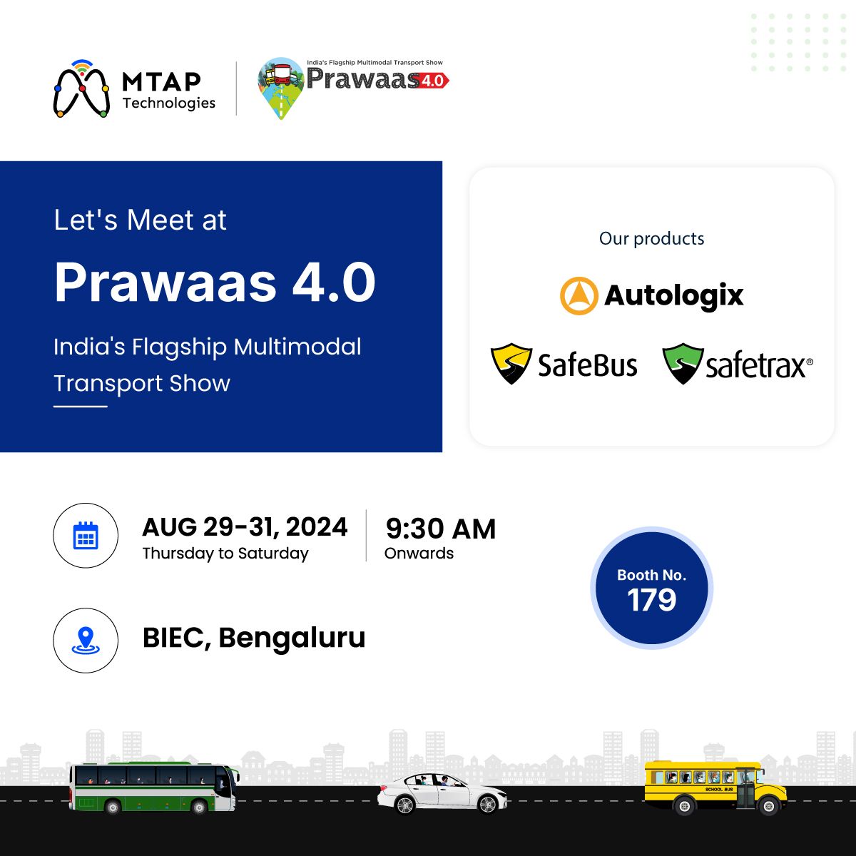 Mtap_Tech's tweet photo. Join MTAP Technologies at #Prawaas 4.0 from 29th-31st August at BIEC, Bengaluru! 🚘🚍 Let's discuss and explore the future of transportation and road safety during daily commutes at stall no. 179.

#passengermobility #smartsustainable #bengaluru #mtaptechnologies #sharedmobility https://t.co/voVDV3fBh3