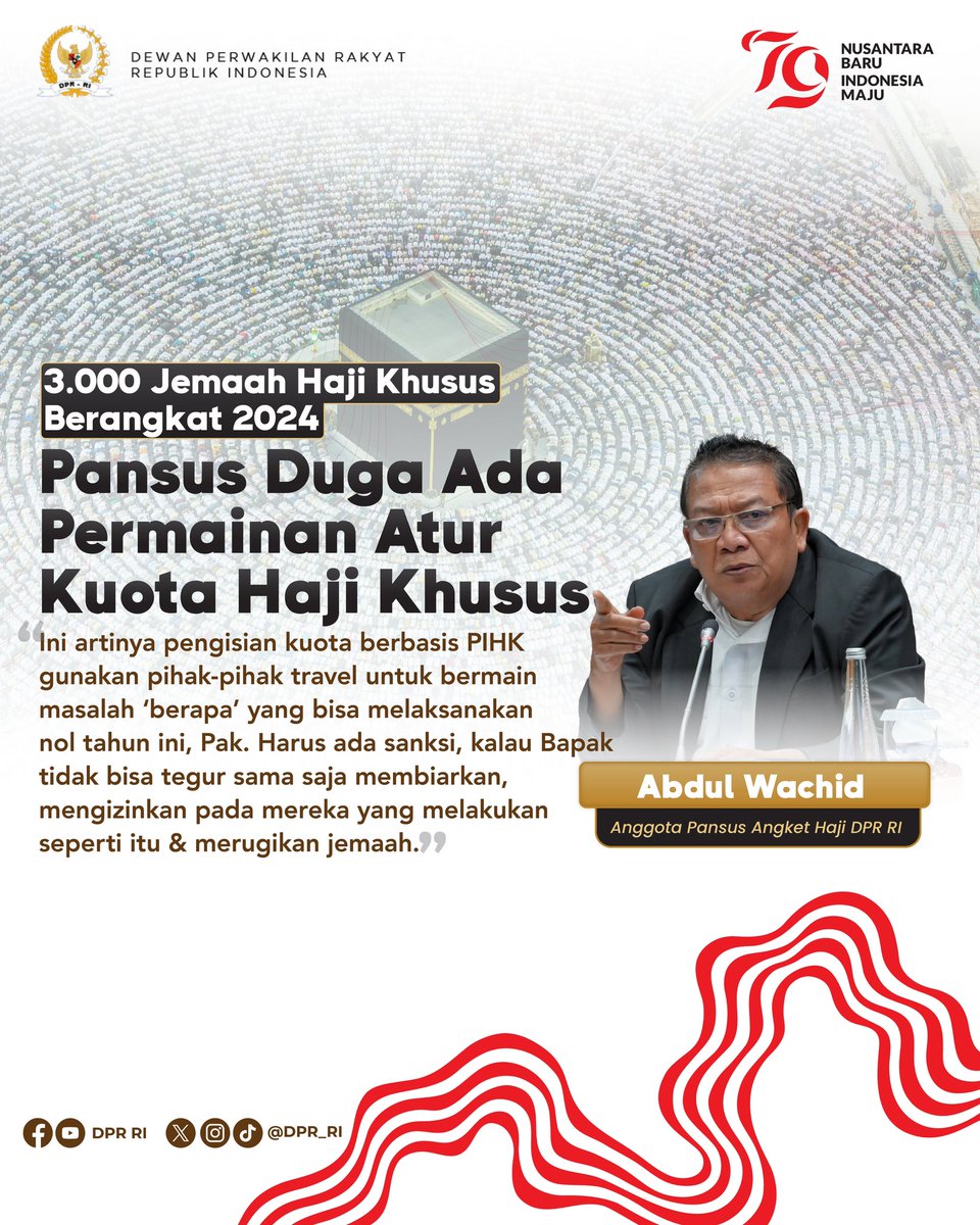 DPR_RI's tweet photo. Anggota Pansus Angket Haji DPR RI Abdul Wachid mempertanyakan sejumlah 3.000 Jemaah Haji Khusus yang baru mendaftar dengan antrian nol tahun yang bisa berangkat dalam pelaksanaan Ibadah Haji tahun 2024.
#PansusHaji
#IbadahHaji
#AngketHaji
#PansusDPR https://t.co/oQPHnQMxyS