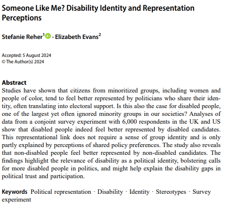 Stefanie Reher (@stefanie_reher) on Twitter photo <a href="/ProfLizJEvans/">Elizabeth Evans</a> and I have a new article out: "Someone Like Me? Disability Identity and Representation Perceptions". doi.org/10.1007/s11109…
Through survey experiments in UK+US we found:
🦾Disabled citizens feel better represented by disabled than non-disabled candidates. (1/3) <a href="/ProfLizJEvans/">Elizabeth Evans</a> and I have a new article out: "Someone Like Me? Disability Identity and Representation Perceptions". doi.org/10.1007/s11109…
Through survey experiments in UK+US we found:
🦾Disabled citizens feel better represented by disabled than non-disabled candidates. (1/3)