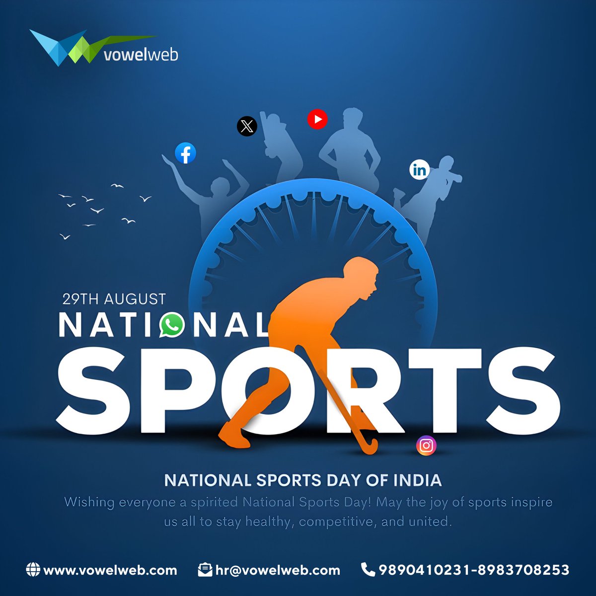 vowelweb's tweet photo. Here’s to the champions of today and the legends of tomorrow. Keep moving, keep striving—Happy National Sports Day! 🏀🎯
.
.
.
#NationalSportsDay #SportsDay2024 #CelebrateSports #AthleteLife #GetActive #SportyVibes #TeamSpirit #PlayToWin #FitnessFun #Sportsmanship #Vowelwebllp https://t.co/C2LusMakTv