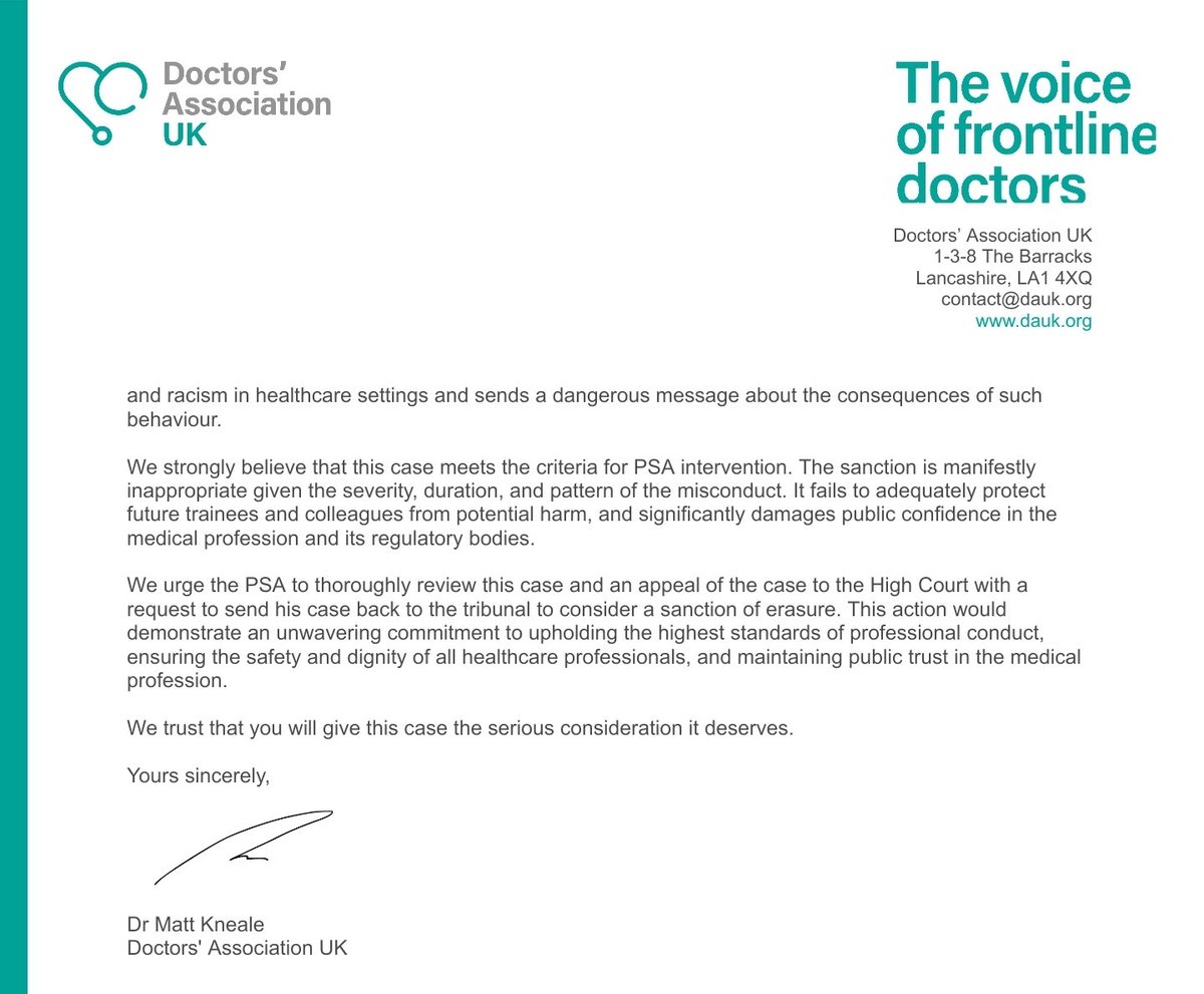 Doctors’ Association UK (@theda_uk) on Twitter photo DAUK has taken the rare and serious step of writing to the Professional Standards Authority (<a href="/prof_standards/">Professional Standards Authority</a>) regarding the MPTS decision on James Gilbert. We've urged the PSA to refer this case to the High Court, viewing the 8-month suspension as woefully inadequate. DAUK has taken the rare and serious step of writing to the Professional Standards Authority (<a href="/prof_standards/">Professional Standards Authority</a>) regarding the MPTS decision on James Gilbert. We've urged the PSA to refer this case to the High Court, viewing the 8-month suspension as woefully inadequate.