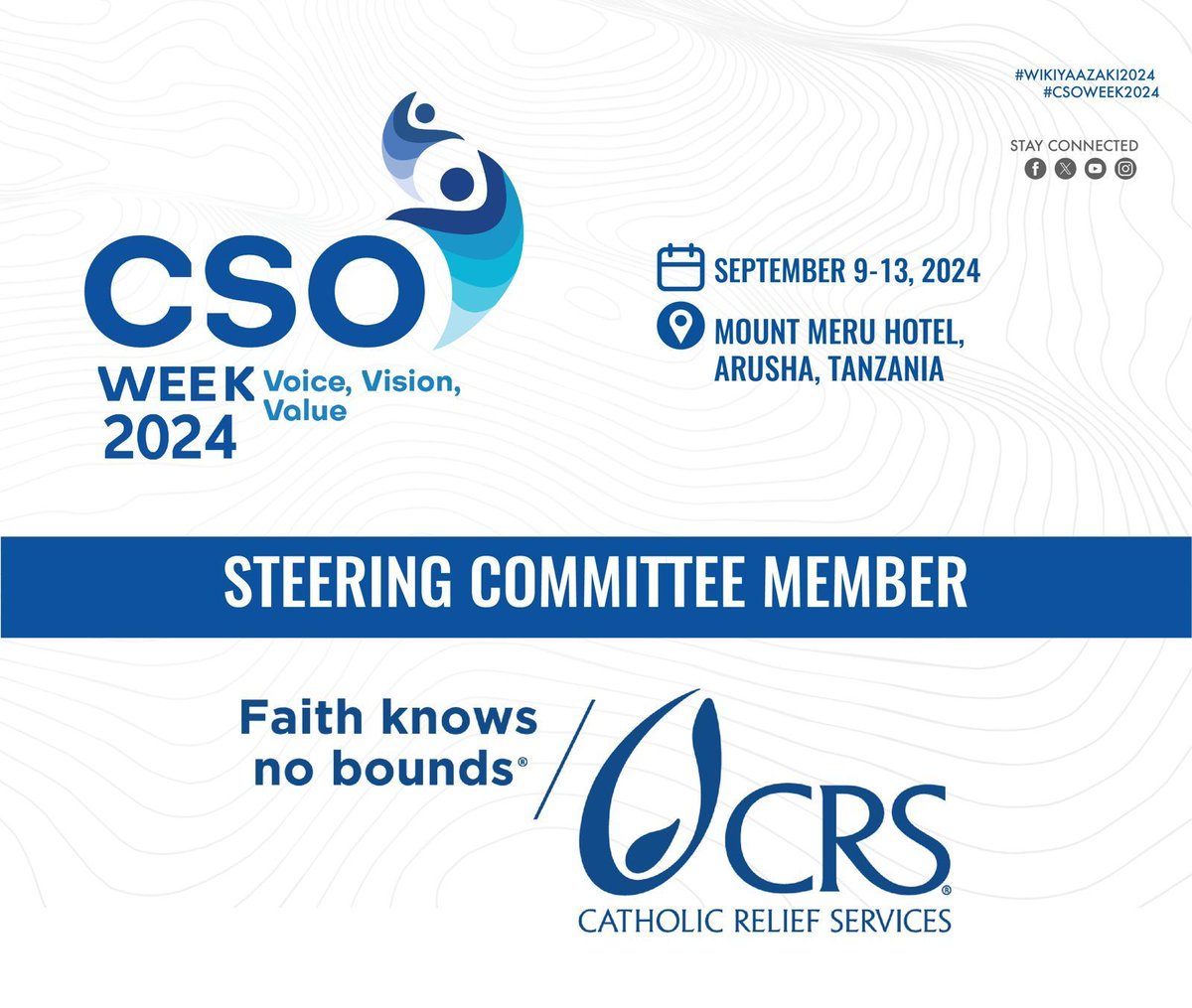CSOWeek's tweet photo. #CSOWeek2024 is around the corner, and we're proud to announce Catholic Relief Services (CRS) as a Steering Committee Member. 

Join us from September 9-13, 2024, at the Mount Meru Hotel in Arusha, Tanzania, for powerful discussions on #VoiceVisionValue 
>> https://t.co/7W5iGK8znn