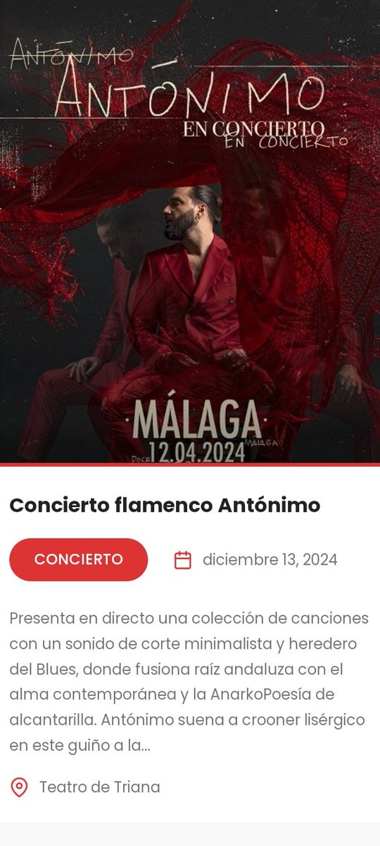 ANTONIMO 
Entradas disponibles en este link   entradas.planeasevilla.com/index.php?even…
13 dic 2024 - 21:00 
Qué no te lo cuenten, Planea Sevilla...