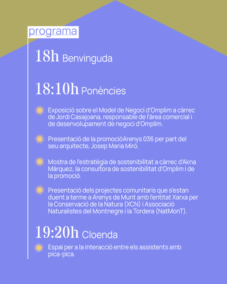 omplim's tweet photo. 📢 A una setmana de l'acte de presentació d'Arenys 036 😱 No t'ho pots perdre! Vols saber qui vindrà i de què es parlarà? Et deixem el programa de la jornada 😉 Apunta-t'hi aquí 👉 https://t.co/A8ZIAH3eTN  

Fins aviat! 🏡🌍 #Arenys036 #Sostenibilitat #Habitatge https://t.co/dMmkZoBzwR