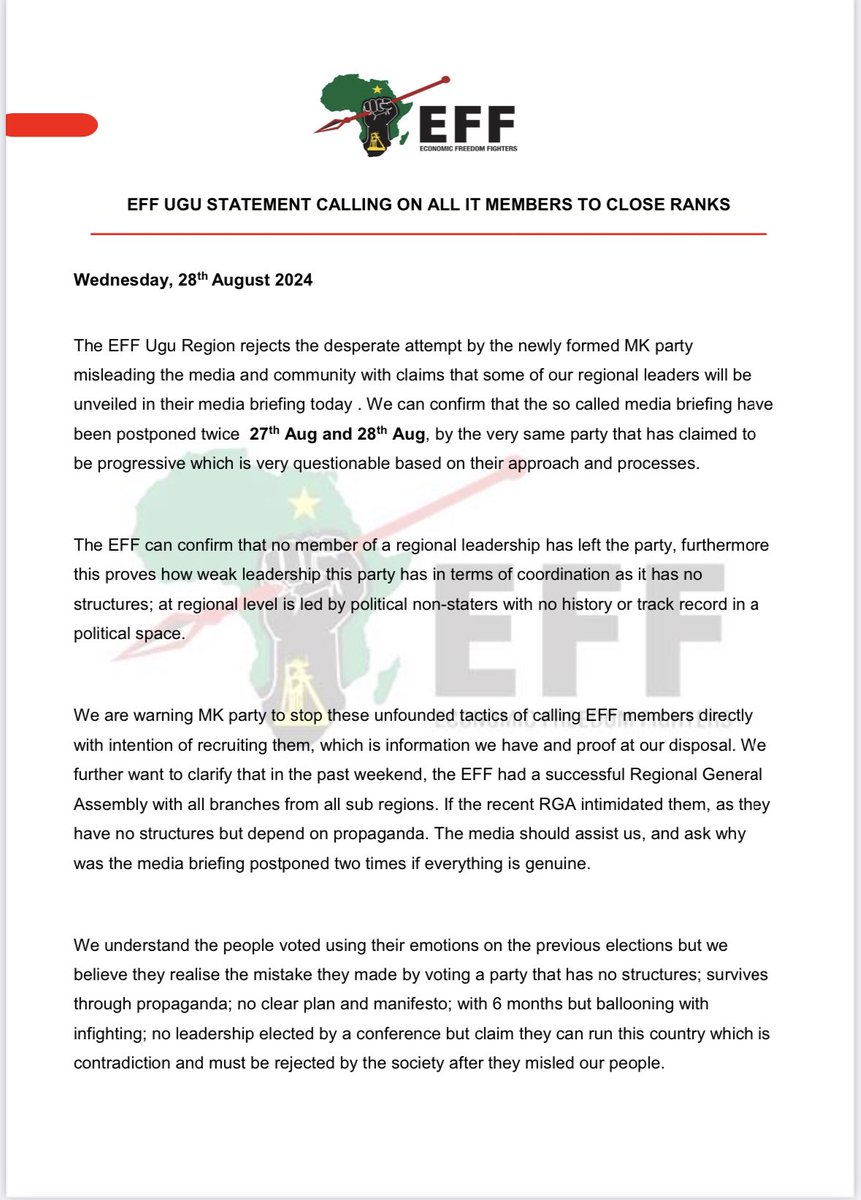 EFFUmdoni's tweet photo. EFF UGU STATEMENT CALLING ON ALL IT MEMBERS TO CLOSE RANKS https://t.co/4zHUIniVNZ
