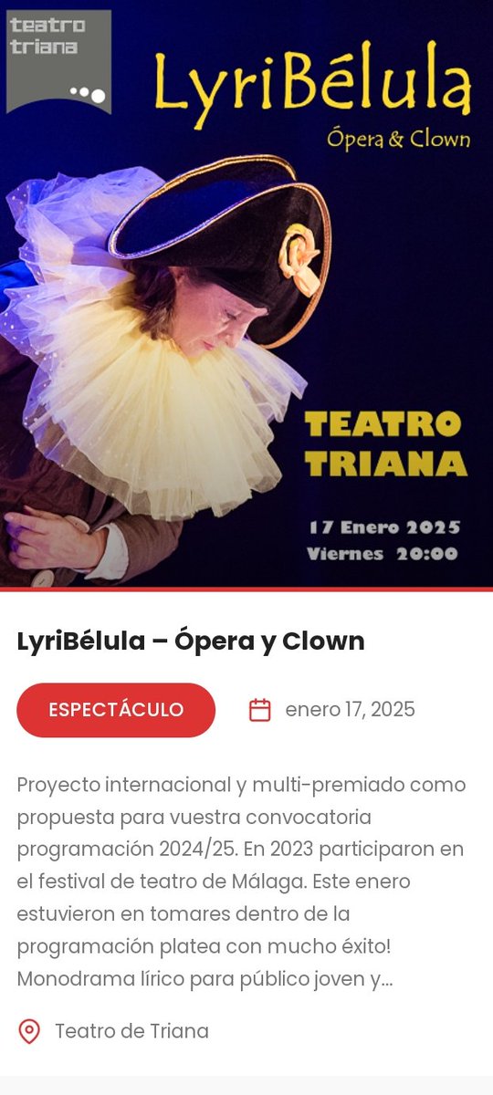 LYRIBELULA (monodrama lírico) 
Entradas disponibles en este link   entradas.planeasevilla.com/index.php?even…
17 ene 2025 - 20:00
Qué no te lo cuenten, Planea Sevilla...