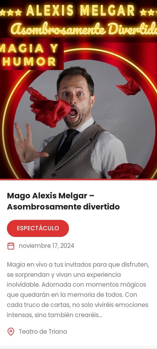 ALEXIS MELGAR
magia en vivo
Entradas disponibles en este link  
entradas.planeasevilla.com/index.php?even…
17 nov 2024 - 12:00
Qué no te lo cuenten, Planea Sevilla...