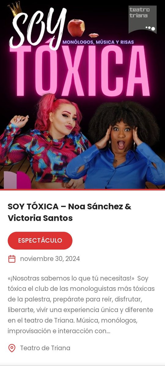 SOY TÓXICA (música, danza y monólogos)
 Entradas disponibles en este link   entradas.planeasevilla.com/index.php?even…
30 nov 2024 - 20:00 
Qué no te lo cuenten, Planea Sevilla...