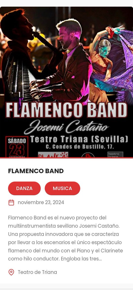 FLAMENCO BAND 
Entradas disponibles en este link   entradas.planeasevilla.com/index.php?even…
23 nov 2024 - 20:00 
Qué no te lo cuenten, Planea Sevilla...