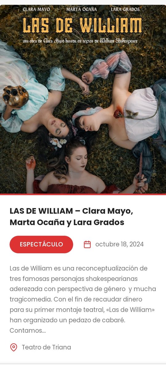 LAS DE WILLIAM
(tragicomedia)
Entradas disponibles en este link  
entradas.planeasevilla.com/index.php?even…
18 oct 2024 - 20:30
Qué no te lo cuenten, Planea Sevilla...