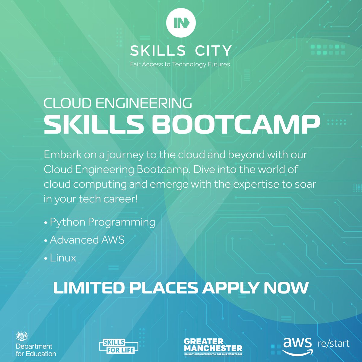 IN4_Group's tweet image. Enroll in our Cloud Engineering Bootcamp for a tech career boost! This 12-week, hands-on training in cloud and Python, funded for Greater Manchester's over-19s, requires no prior experience. Secure your spot now! Must have UK work rights.
Apply now!
apply.skills-city.com