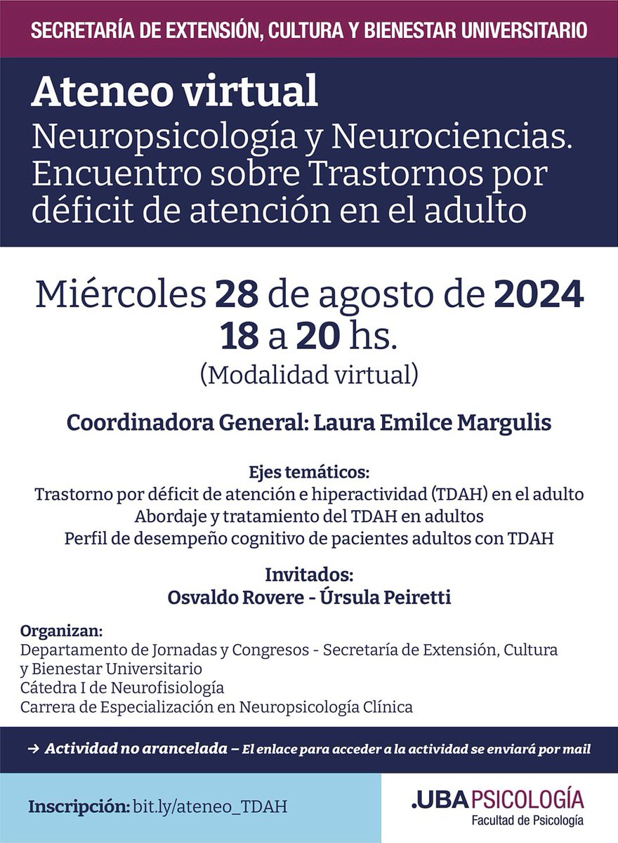 Hoy tenemos esta actividad abierta y gratuita organizada por la cátedra de Neurofisiología I y la Carrera de Especialización en Neuropsicología de la Psicología UBA 🧠 

No hace falta inscribirse. Pueden escuchar el ateneo en m.youtube.com/live/3mP763Fo-…