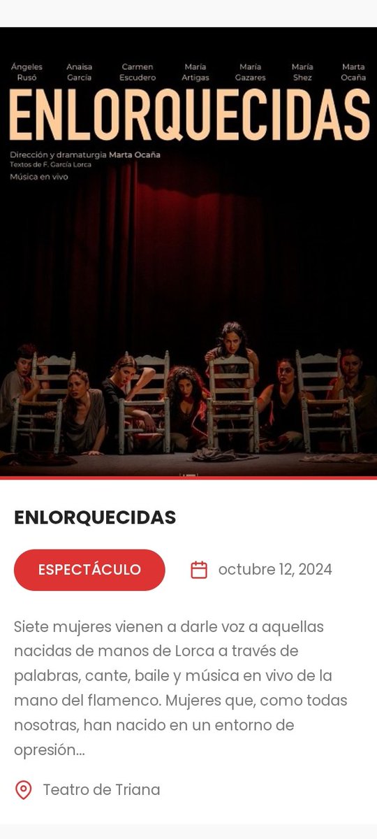 ENLORQUECIDAS
(teatro andaluz flamenco)
Entradas disponibles en este link  
entradas.planeasevilla.com/index.php?even…
12 oct 2024 – 20:00
Qué no te lo cuenten, Planea Sevilla...