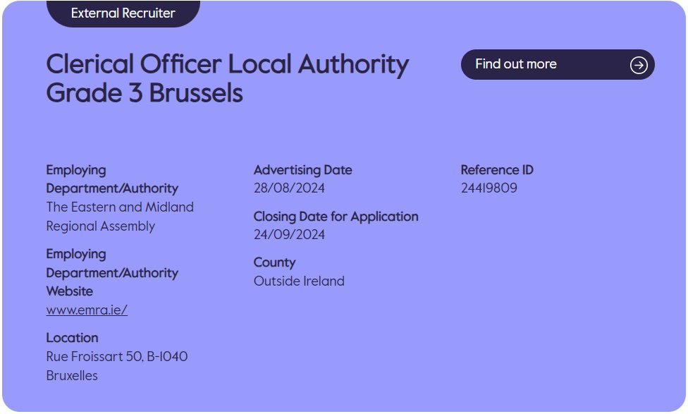 Come join our IREO team in Brussels, more information available here➡️ emra.ie/careers/#top 
Closing date⏰ 24th September 2024
#hiring #jobfairy #localgovernmentjobs #AdminPost