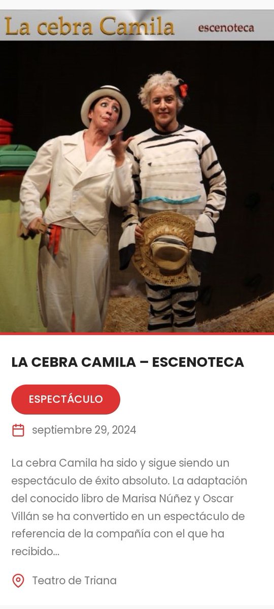 LA CEBRA CAMILA
(teatro familiar infantil)
Entradas disponibles en este link  
entradas.planeasevilla.com/index.php?even…
29 sept 2024 – 12:00
Qué no te lo cuenten, Planea Sevilla...