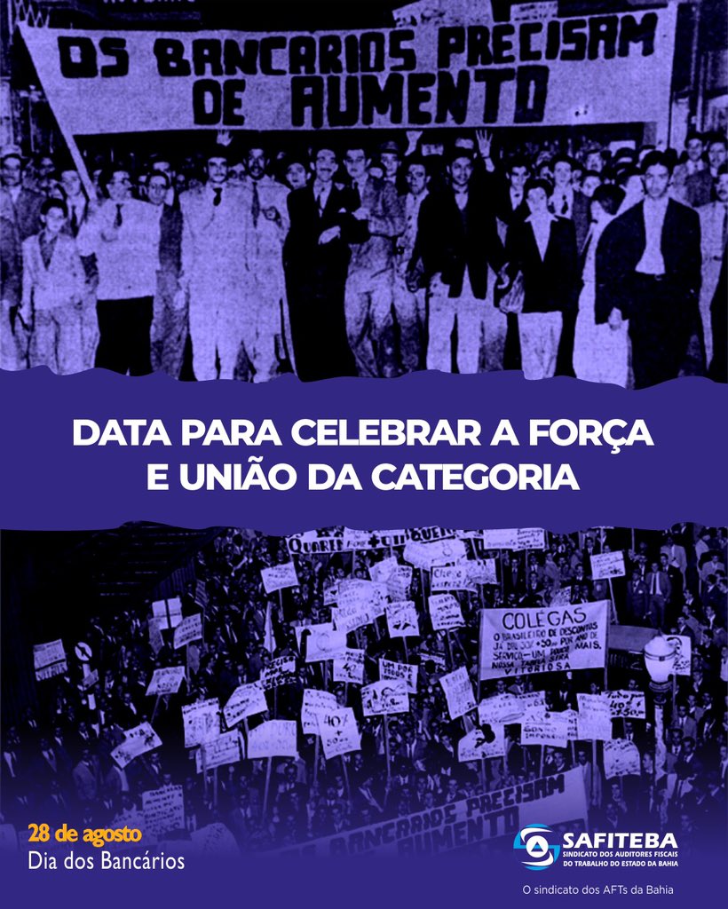 safiteba's tweet photo. Estamos aqui para homenagear os colegas que tiveram a coragem de lutar pelos direitos da categoria, que hoje usufrui dessas conquistas.

Parabéns, bancários! A história de luta da categoria inspira os Auditores Fiscais do Trabalho. 👏🏼👏🏼👏🏼

#Safiteba #DiaDosBancarios https://t.co/CdjYPgpVQx