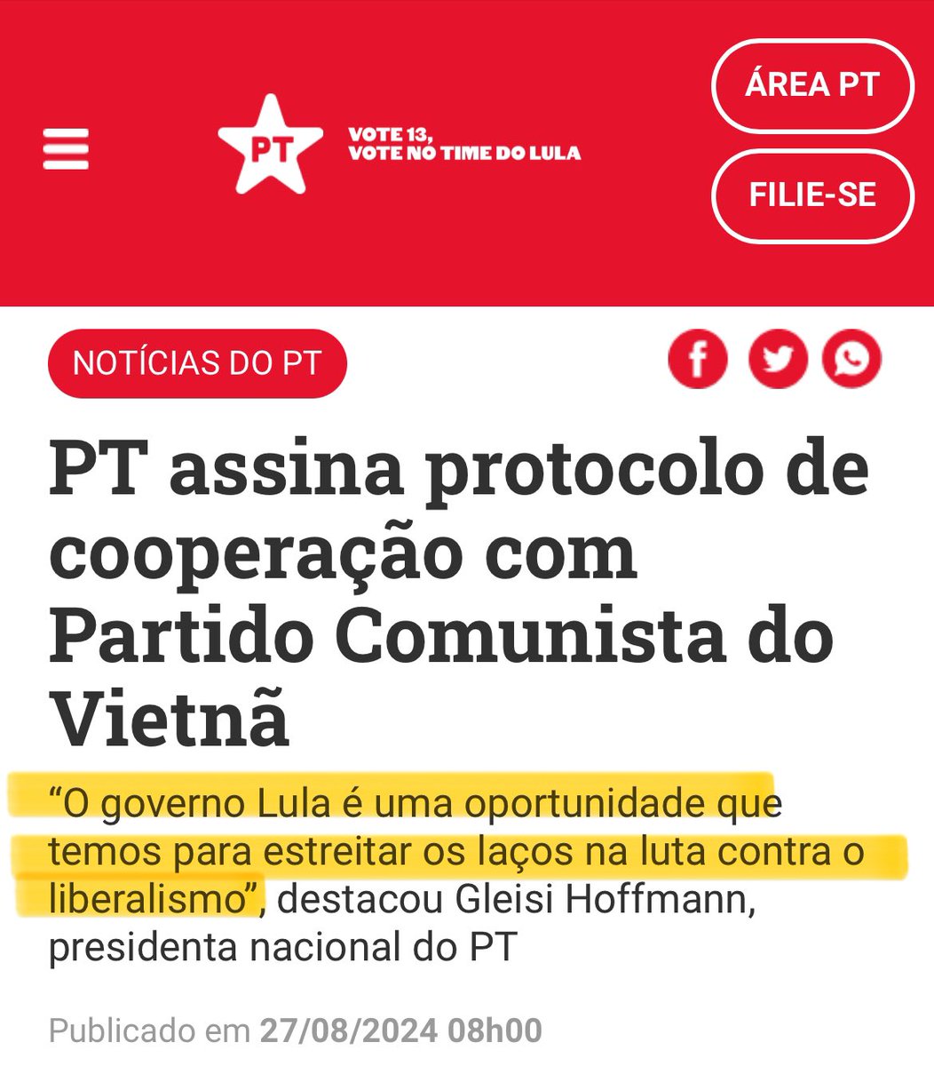 🚨 NOTÍCIAS PARA “EMPUTECER” O CIDADÃO BRASILEIRO 

- O Partido dos Trabalhadores (PT) e o Partido Comunista do Vietnã (PCV) assinaram protocolo de cooperação política, nesta segunda-feira (26), na sede do PT, em Brasília.