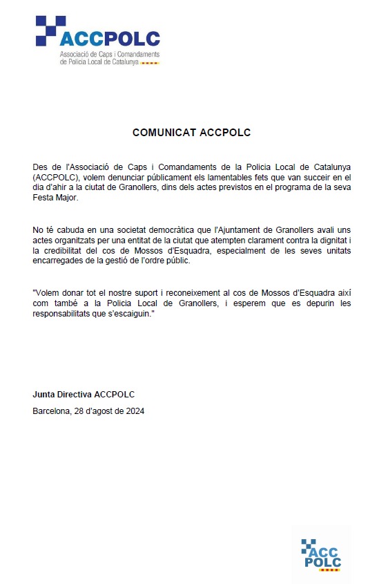 Comunicat Junta Directiva sobre els fets succeïts a la Festa Major de  #Granollers