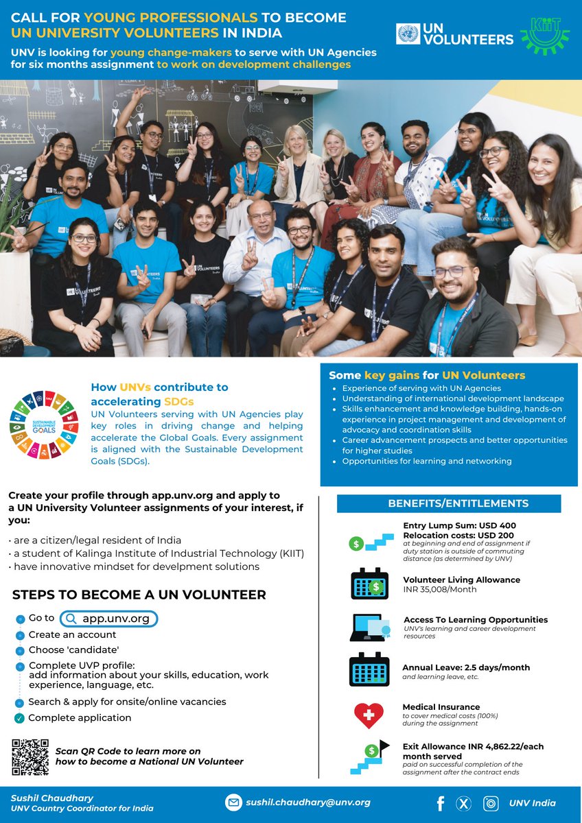 KIITUniversity's tweet photo. Exciting Opportunity for KIITians!

KIIT is proud to partner with UN Volunteers to offer a unique chance for our students to become University UN Volunteers in India. This collaboration opens doors to impactful work on global development challenges while gaining valuable experience with UN Agencies. 

Ready to make a difference? Apply now and start your journey as a changemaker!

#KIIT #UNVolunteers

@UNVolunteers @UNV_India