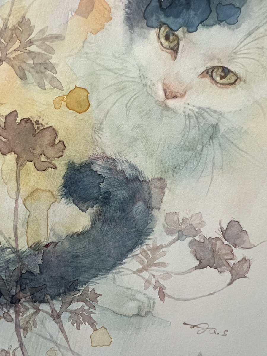お花のシルエットを加筆🎨 #猫絵 #透明水彩 #黒ぶち #cat #watercolor