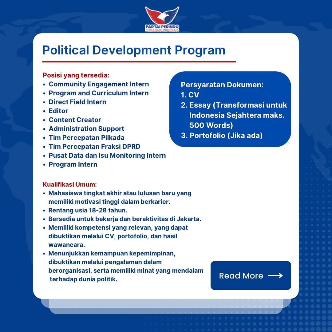 SeputariNews's tweet photo. DPP Partai Perindo mencari 10 Pemuda/i terbaik untuk mengikuti Political Development Program
Batch 01

https://t.co/m5WzcfqbjU

#PartaiPerindo #UntukIndonesiaSejahtera #TransformasiPerindo #PerindoUpdate https://t.co/aoQAhETmpk