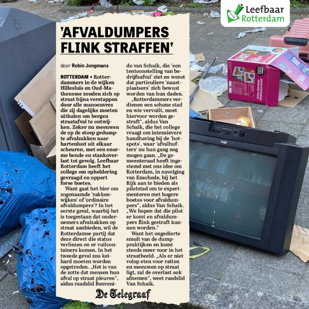 Rotterdammers verdienen een schone stad en wie de stad vervuilt, moet hier hard voor worden gestraft. De gemeenteraad stemde onlangs in met een Leefbaar-plan om het Rijk te vragen voor een pilot met hogere boetes. 
leefbaarrotterdam.nl/nieuws/mogelij…