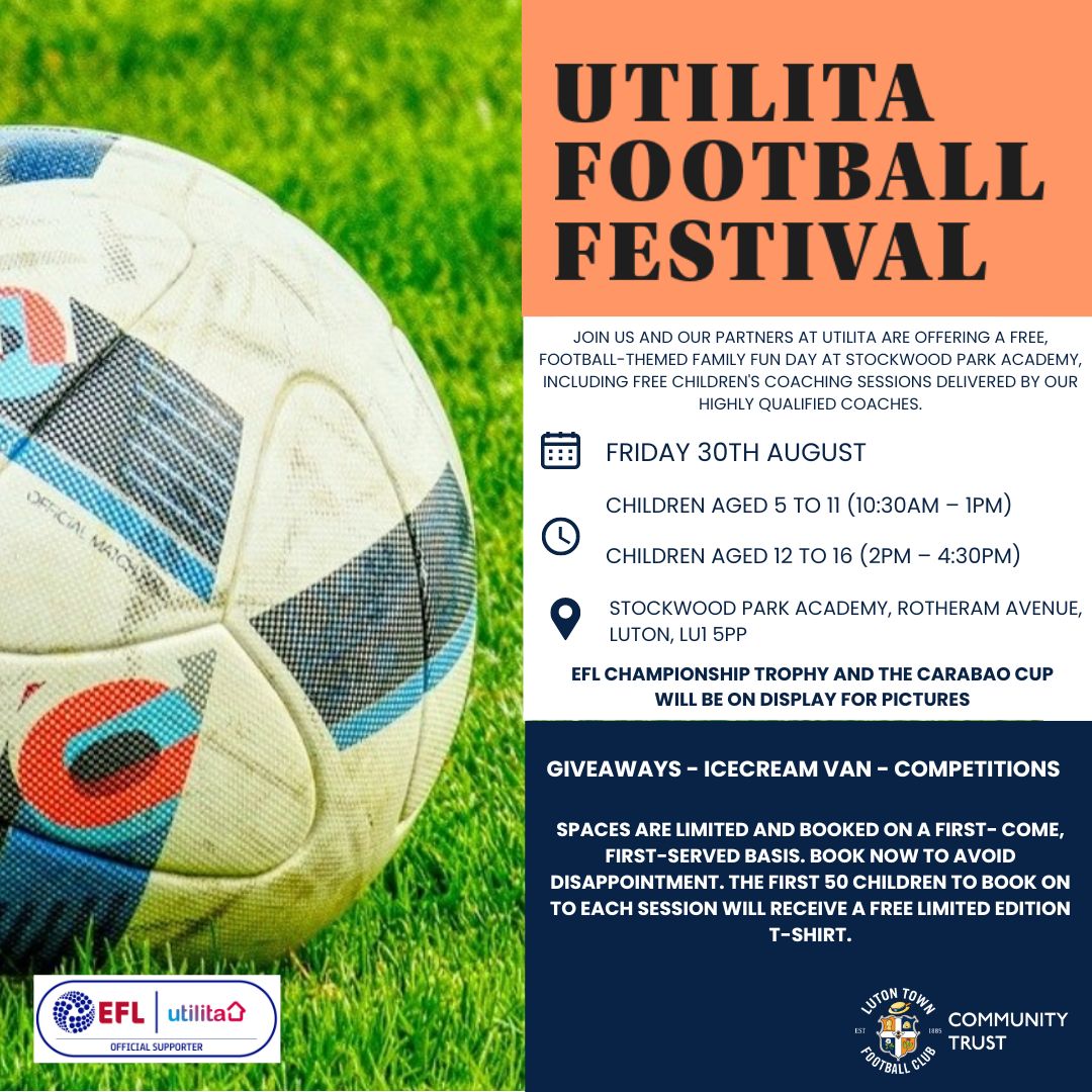 LutonTownCT's tweet image. Due to increased interest, we have opened up the afternoon session to all ages 5 – 16  years old!⚽️🧡

Join us from 2pm – 4:30pm at Stockwood Park Academy for a free, family-friendly event packed with coaching sessions, fun activities, and surprises, including photo opportunities…