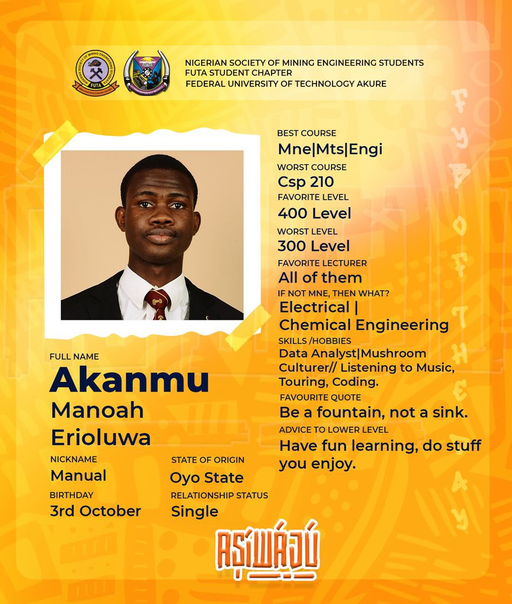 Mneclass23_'s tweet photo. "Introducing *Manoah*, the esteemed Asiwaju known for his understated yet exceptional excellence. Dubbed 'Manual' for his meticulous approach, he possesses a unique blend of skills in software expertise, critical analysis, and mining brilliance, setting him apart……….. https://t.co/bTLEHj8b9m