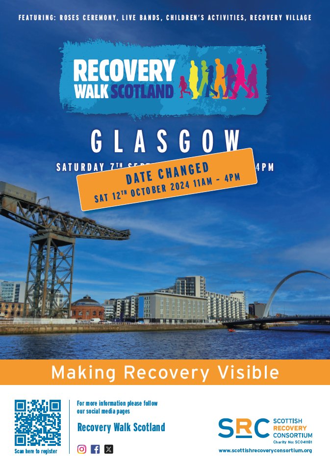 🎉New Poster Alert🎉

We've updated our poster for this years #RecoveryWalkScotland with our new date of Saturday 12th October. 

Don't forget to register here 👇 RWS2024.eventbrite.co.uk