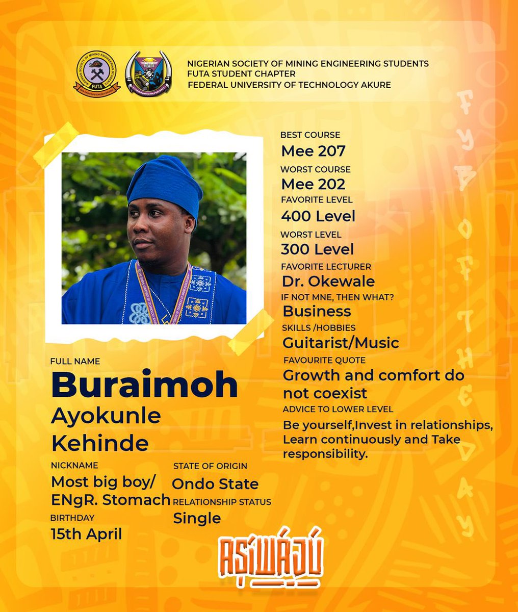 Mneclass23_'s tweet photo. "Meet *Buraimoh Ayokunle*, aka *Engineer Stomach*”, our esteemed Asiwaju of the day! This paragon of poise and sophistication boasts an impressive 100% composure and swagger. His exceptional talent for capturing stunning photographs has won hearts, and we're convinced……. https://t.co/USaeidzNcE