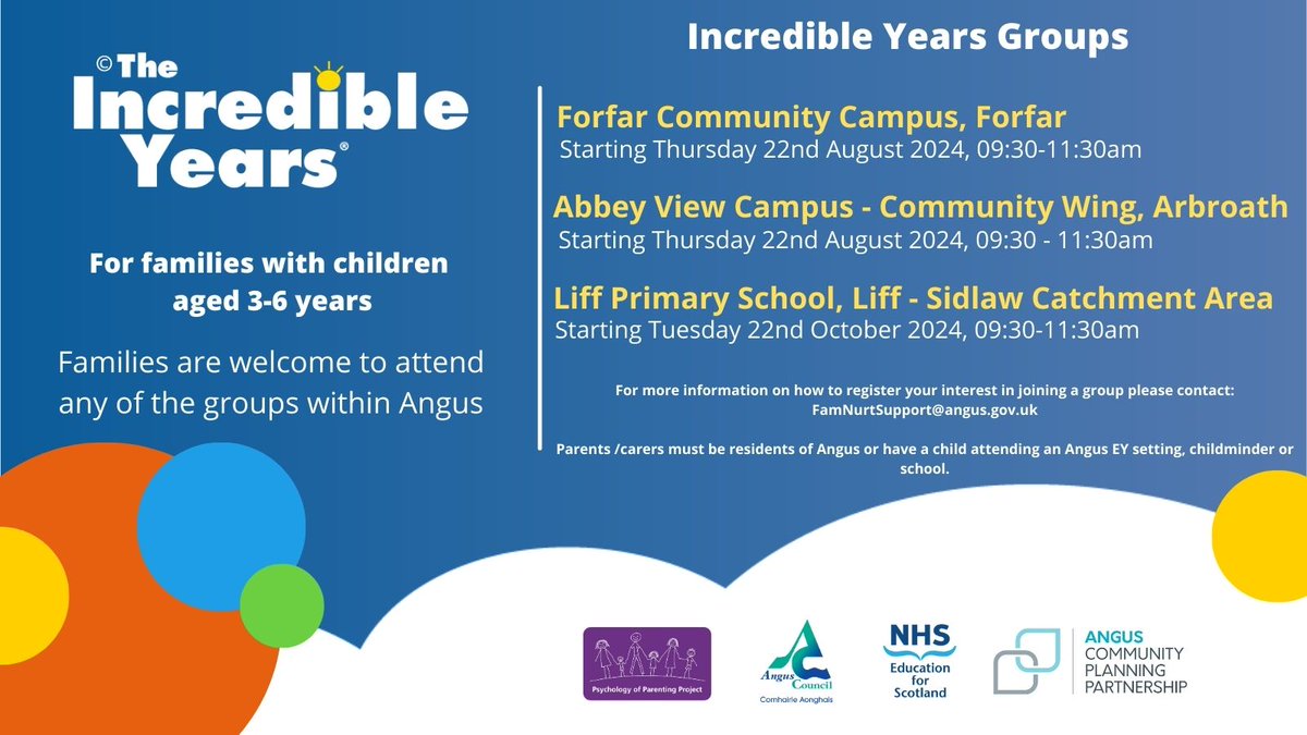 If you’re a parent/carer with children between 3-6 years, why not join one of our Incredible Years sessions? It’s a great chance to meet and support other families. 

We've sessions in Forfar, Arbroath and Liff. 

Email FamNurtSupport@angus.gov.uk to find out more.