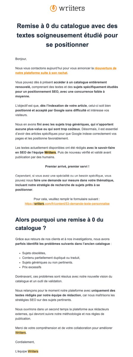 🆕 L’ancien catalogue est supprimé, place à un nouveau catalogue pour des positionnements explosifs ! 💥

#Wriiters #NouveauCatalogue #ContentMarketing 🚀

🎉 Ne manquez pas les détails sur nos nouveaux objectifs, la valeur ajoutée et les raisons derrière ce grand changement :