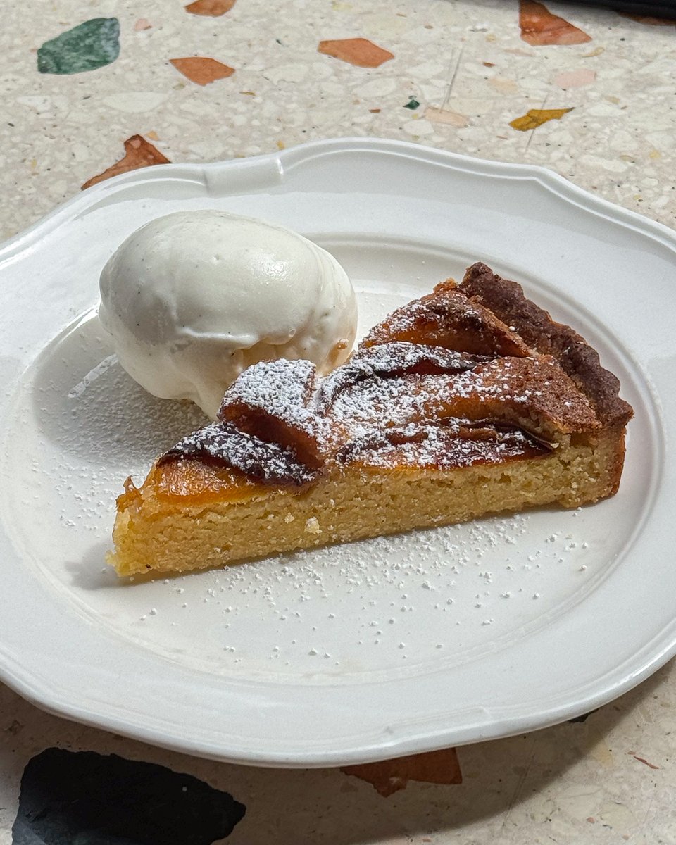 You’ll always find our almond and fruit tart on the menu. We pick the fruit from Smith and Brock, changing it up depending on the season, to ensure the fullest flavour. Dusted with icing sugar and served with a big scoop of fior di latte ice cream.