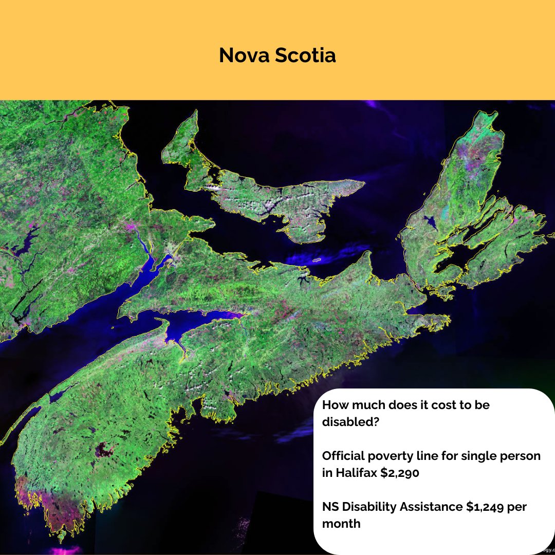 Disability_WP's tweet photo. How much does it cost to be disabled?

Official poverty line for single person in Halifax $2,290
NS disability assistance $1,249 per month.

Reminder: Poverty is a govt policy choice.

#BetterTheBenefit #WeAreThe27Percent #EndDisabilityPoverty #DisabilityWithPossibility https://t.co/NDwDTg0eUR