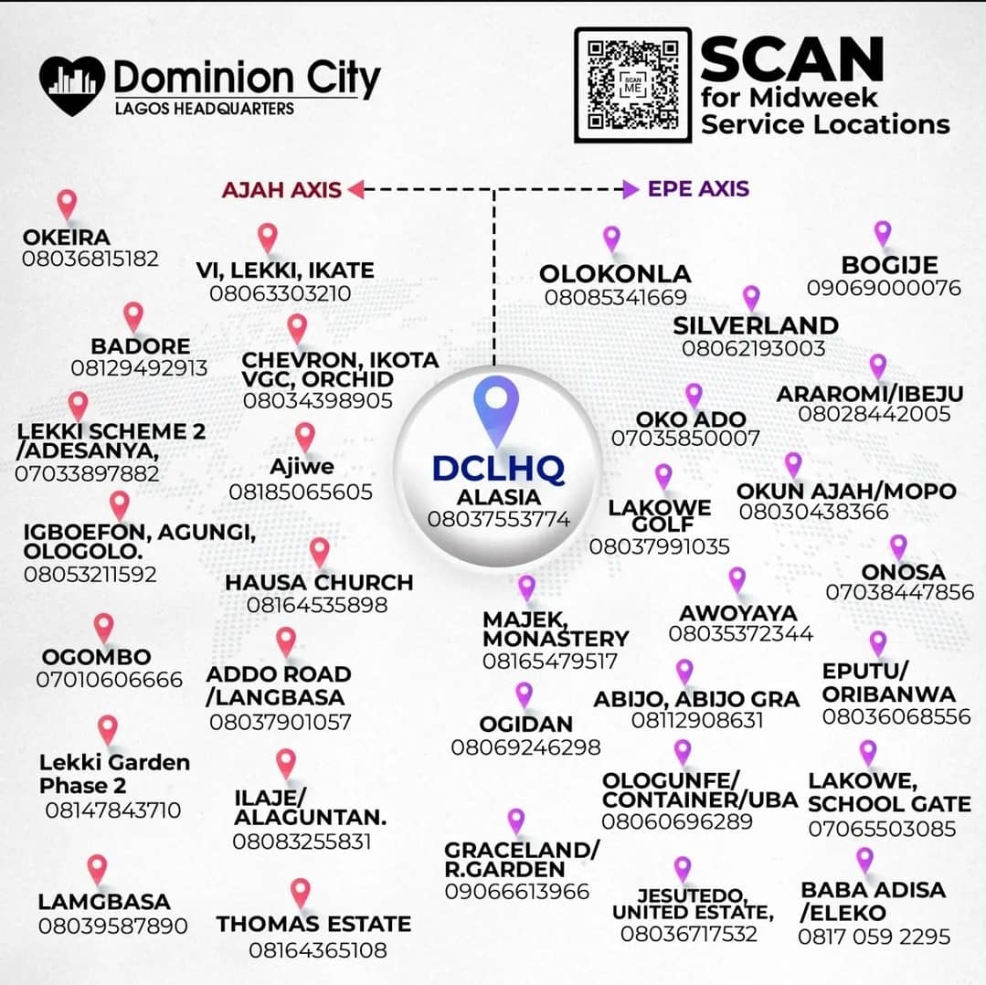 dominioncitylag's tweet photo. It has been an exciting month so far,
Join us today as we wrap up our midweek Relationship Series "The blessings of covenant relationships" at any of our satellite Churche.
Time: 6pm
Location: Scan barcode
#DCLagosHq #DominionCity #MidweekSeries #CovenantRelationships https://t.co/6tIACokHMa