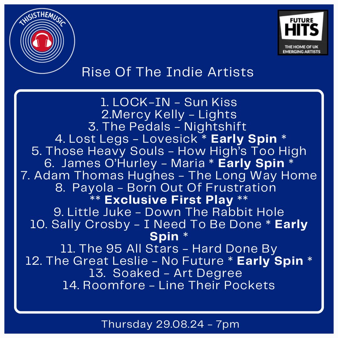 ThisIsTheMusic_ (@thisisthemusic2) on Twitter photo This weeks Rise Of The Indie Artists line up is now revealed
<a href="/Lockin_Band/">LOCK-IN</a> <a href="/MercyKelly_Band/">MERCY KELLY</a> <a href="/thepedalsuk/">The Pedals</a> @LostLegsBand <a href="/thoseheavysouls/">Those Heavy Souls</a> <a href="/JamesOHurley/">James O'Hurley</a> Adam Thomas Hughes <a href="/PayolaMusicUK/">PAYOLA</a> <a href="/littlejukemusic/">Little Juke</a> <a href="/UnpRfect/">Sally Crosby</a> <a href="/the95allstars/">the95allstars</a> <a href="/TheGreatLeslie_/">TheGreatLeslieBand</a> <a href="/SOAKEDBANDD/">SOAKED</a> <a href="/roomforeband/">Roomfore</a>
#NewMusic This weeks Rise Of The Indie Artists line up is now revealed
<a href="/Lockin_Band/">LOCK-IN</a> <a href="/MercyKelly_Band/">MERCY KELLY</a> <a href="/thepedalsuk/">The Pedals</a> @LostLegsBand <a href="/thoseheavysouls/">Those Heavy Souls</a> <a href="/JamesOHurley/">James O'Hurley</a> Adam Thomas Hughes <a href="/PayolaMusicUK/">PAYOLA</a> <a href="/littlejukemusic/">Little Juke</a> <a href="/UnpRfect/">Sally Crosby</a> <a href="/the95allstars/">the95allstars</a> <a href="/TheGreatLeslie_/">TheGreatLeslieBand</a> <a href="/SOAKEDBANDD/">SOAKED</a> <a href="/roomforeband/">Roomfore</a>
#NewMusic