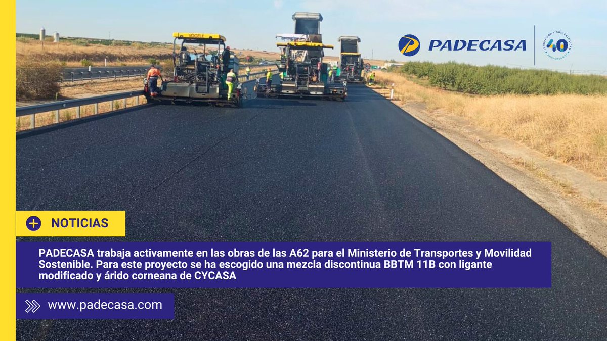 PADECASA's tweet photo. ¡Nuestros equipos se encuentran trabajando en la rehabilitación del asfalto de la A62 en la provincia de #Valladolid!
Para este proyecto, encargado por @transportesgob, usamos una mezcla discontinua BBTM 11B con ligante modificado y árido corneana de #CYCASA https://t.co/4oUE0xTqcI