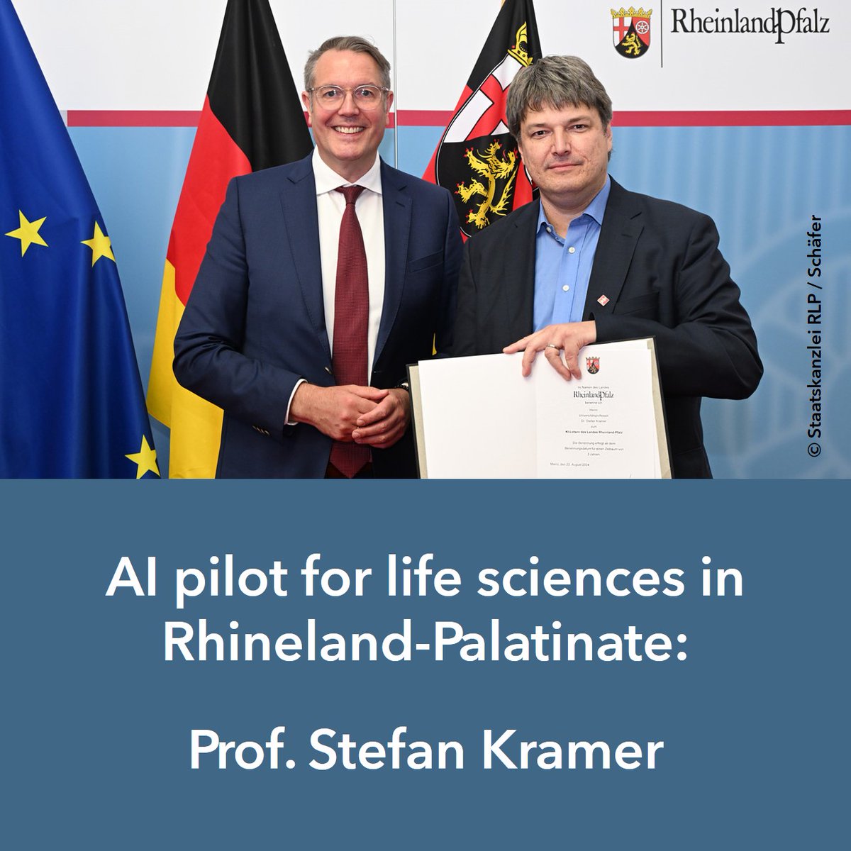Prof. Dr. Stefan Kramer <a href="/uni_mainz/">Universität Mainz</a> has been appointed AI pilot for #RLP by Prime Minister Alexander Schweitzer. With his proficiency at the interface of #AI and #lifesciences, Kramer will facilitate networking to advance R&amp;D. Read more <a href="/rlpNews/">Landesregierung Rheinland-Pfalz</a>:  rlp.de/service/presse…