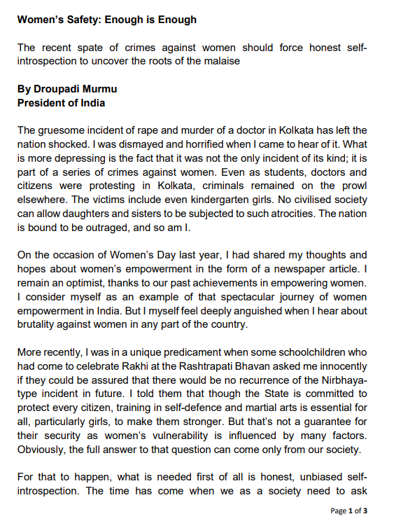 ANI's tweet photo. President Droupadi Murmu releases a statement on the RG Kar Medical College and Hospital rape-murder incident.

"The gruesome incident of rape and murder of a doctor in Kolkata has left the nation shocked. I was dismayed and horrified when I came to hear of it. What is more depressing is the fact that it was not the only incident of its kind; it is part of a series of crimes against women. Even as students, doctors and citizens were protesting in Kolkata, criminals remained on the prowl elsewhere. The victims include even kindergarten girls. No civilised society can allow daughters and sisters to be subjected to such atrocities. The nation is bound to be outraged, and so am I. We owe it to our daughters to remove the hurdles from their path of winning the freedom from fear. Then we can collectively give a firm answer to the innocent query of those children in the next Raksha Bandhan. Let us collectively say enough is enough." reads the statement