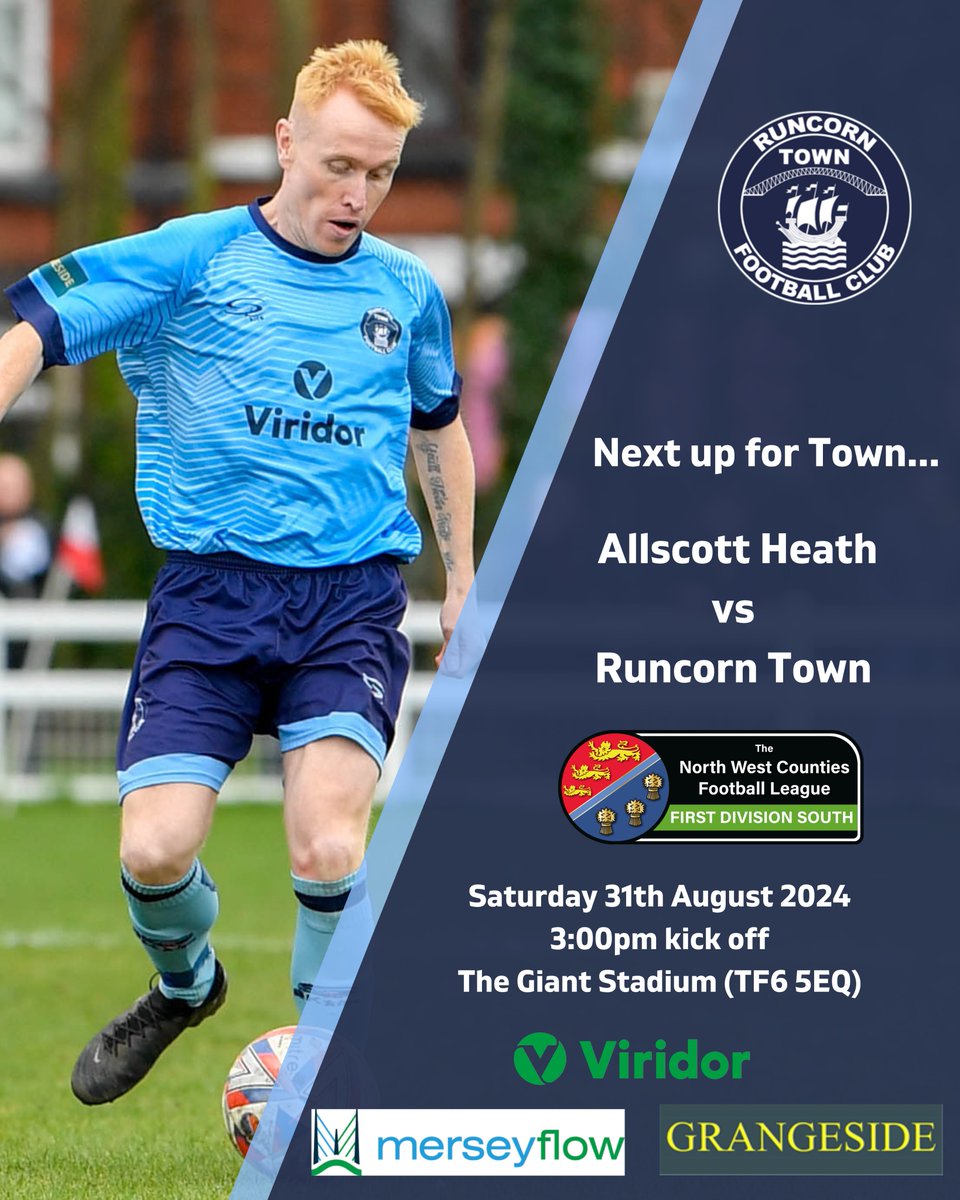 Next up…

🆚 <a href="/AllscottHeathFC/">Allscott Heath FC</a> vs Runcorn Town

📆 Saturday 31st August

🕢 3:00pm 

📍 The Giant Stadium, Allscott Sports &amp; Social Club, Allscott, Telford. TF6 5EQ.

🎟️ £6 Adults, £4 Concessions, Under 16s FREE!