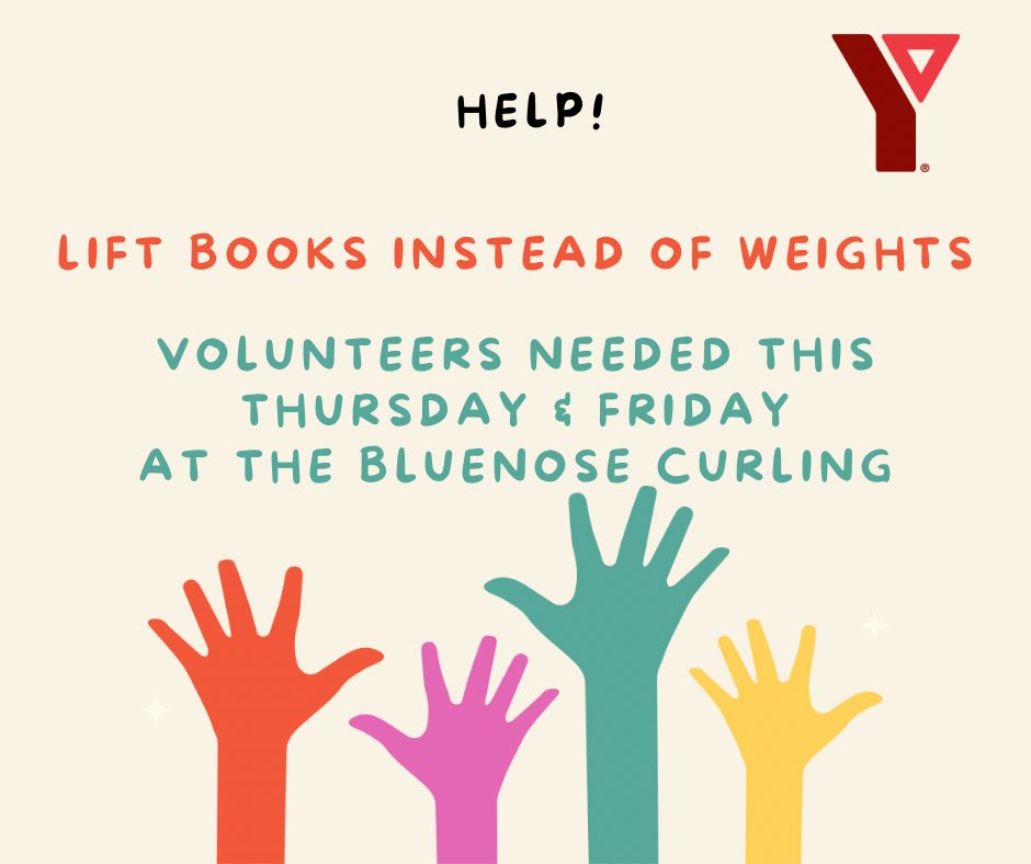 The Y Service Club Women needs some help from our Y Community to help pack up the books from the book sale. Please head on over to the Bluenose Curling Rink this evening at 6pm or during the day Thursday (tomorrow) or Friday. 

Lift Books instead of Weights! 🏋🏼‍♀️📚
#help #community