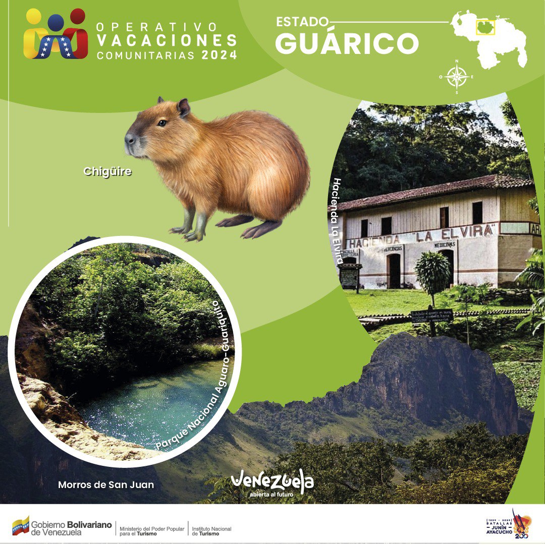 Durante esta temporada vacacional te invitamos a disfrutar de los destinos turisticos del estado Guárico.

¡Venezuela Abierta al Futuro!
 
#venezuelaabiertaalfuturo #vacacionescomunitarias2024 #inatur #tueresinatur #guárico