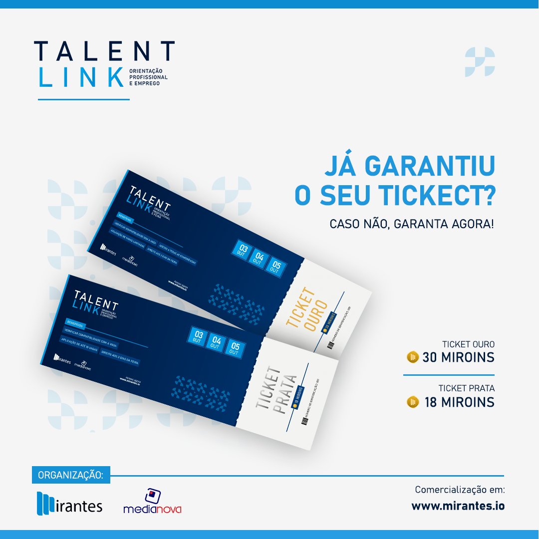 Garanta o seu Ticket! 🎟️

Os tickets para a Mirantes Talent Link estão disponíveis! 🚀

Os tickets estarão em promoção até ao dia 15 de Setembro. Esta é a sua chance de garantir o melhor preço e preparar-se para se conectar com os líderes da indústria que podem transformar a sua