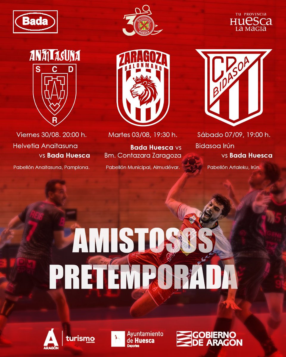 📅 ¡Últimas tres citas! Antes del estreno de la 24/25 en el Palau, jugaremos 3 partidos amistosos. 🤾🏽‍♂️

¡Estamos en la recta final de la pretemporada!💪🏽

#DejandoHuella 👣 #BadaHuesca #HuescaLaMagia #LigaPlenitude #ASOBAL #Balonmano #Handball